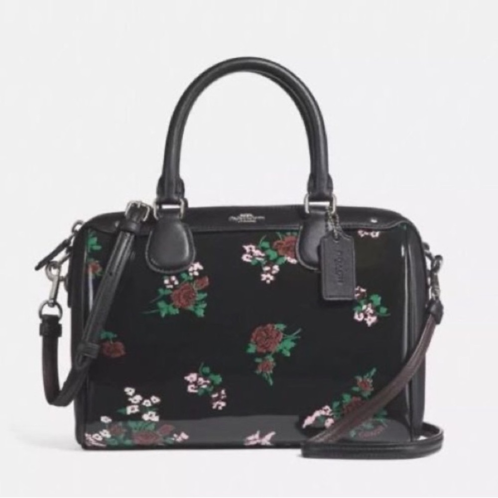 Coach Black Patent Leather Bennet Satchel Floral Print Roses Bag Matching Wallet